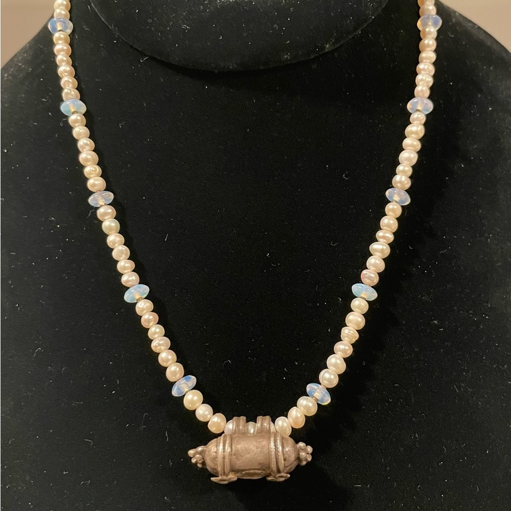 Afghani Silver Double Prayer Box, Pearl and Opalite Necklace